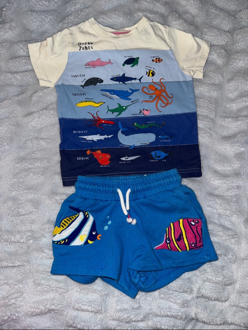 Mini Boden ocean zone top and Moroccan Blue TROPICAL FISH Jersey Knit SHORTS